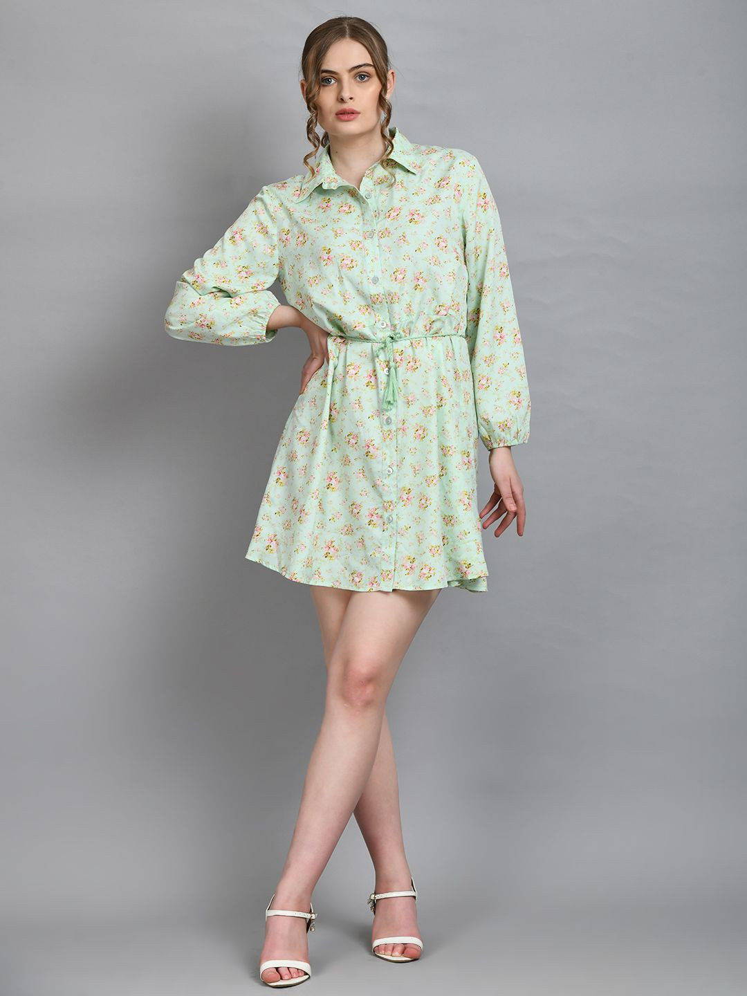 

DressBerry Floral Print Shirt Dress, Green