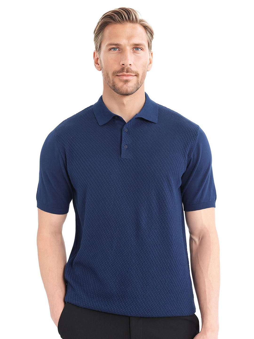 

RARE RABBIT Men Self Design Polo Collar Cotton T-shirt, Blue
