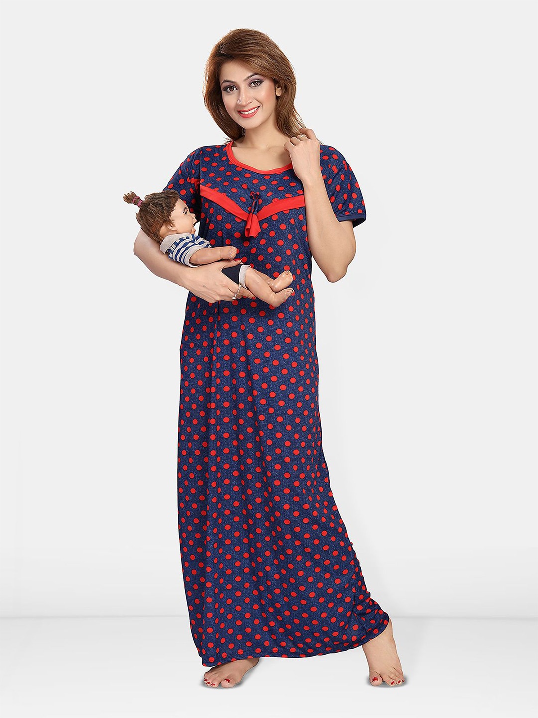 

Be You Satin Polka Dots Printed Maxi Nightdress, Blue