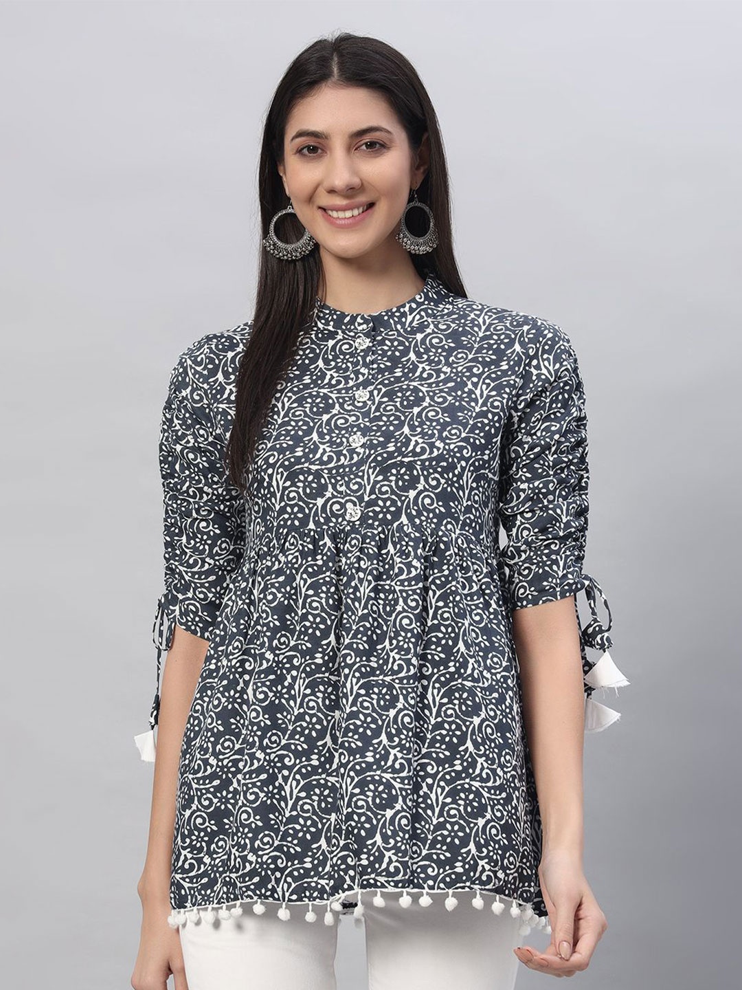 

KBZ Women Floral Print Mandarin Collar Top, Grey