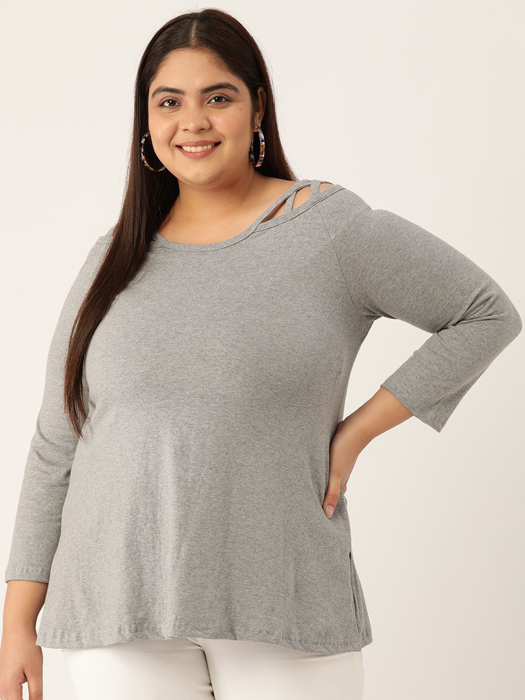 

theRebelinme Women Round Neck Pure Cotton Plus Size A-Line Top, Grey