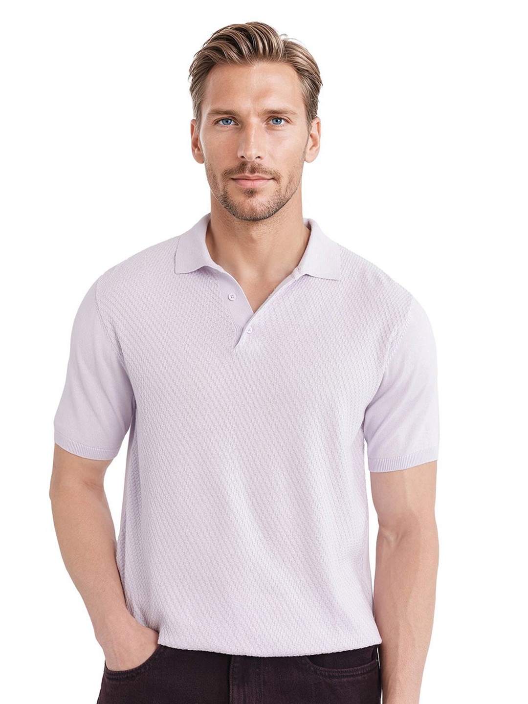 

RARE RABBIT Men Self Design Polo Collar Cotton T-shirt, Lavender