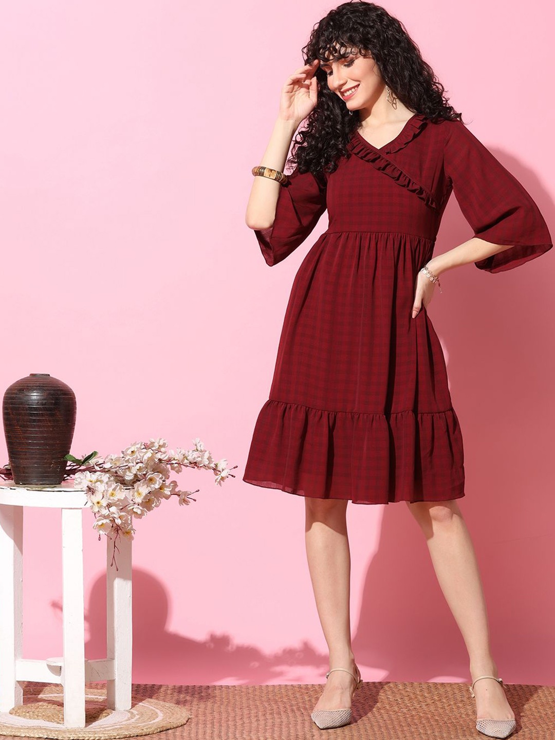 

BAESD Flared Sleeve Fit & Flare Dress, Maroon