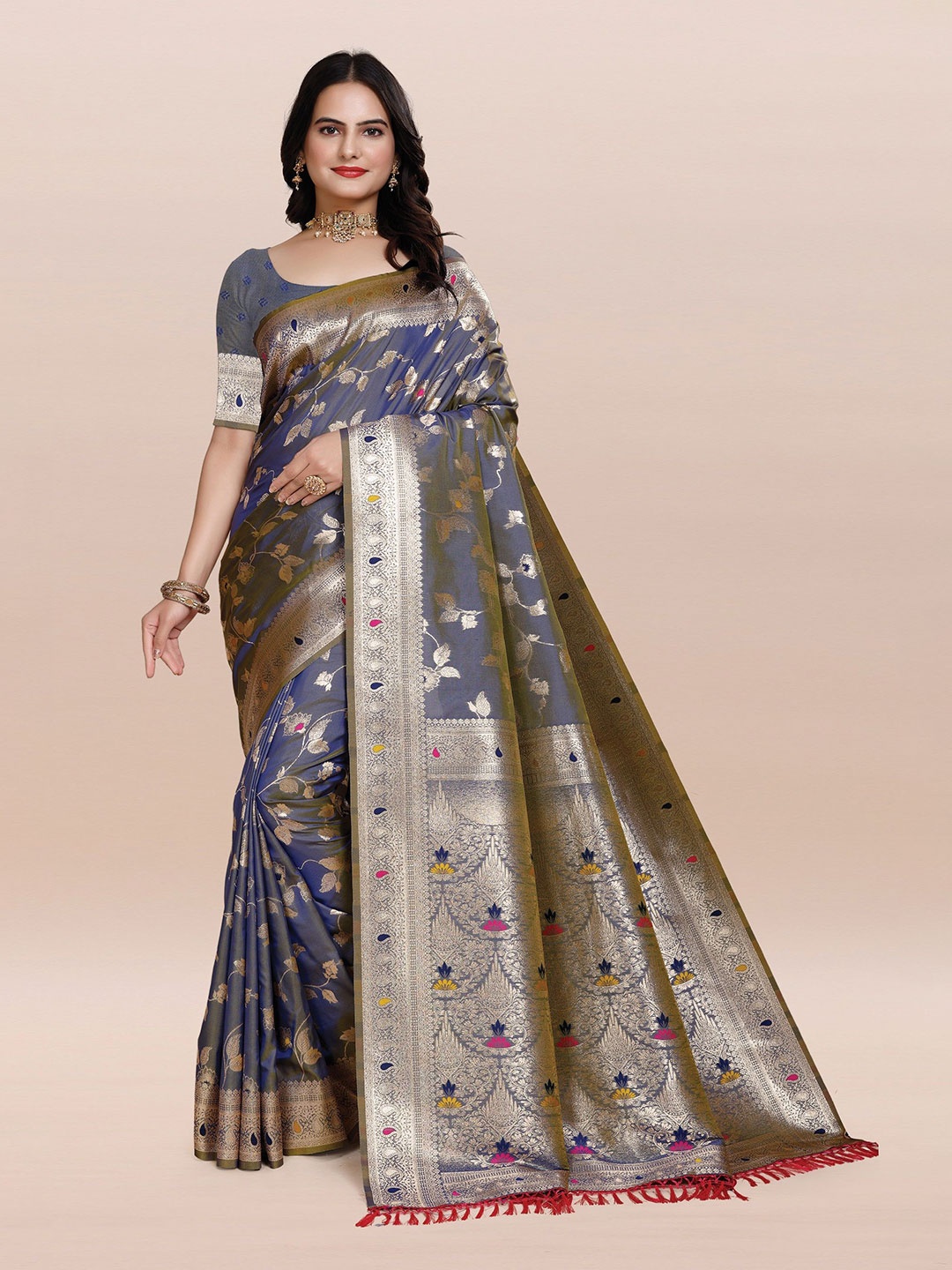 

TORONFRAS Floral Woven Design Zari Banarasi Saree, Grey