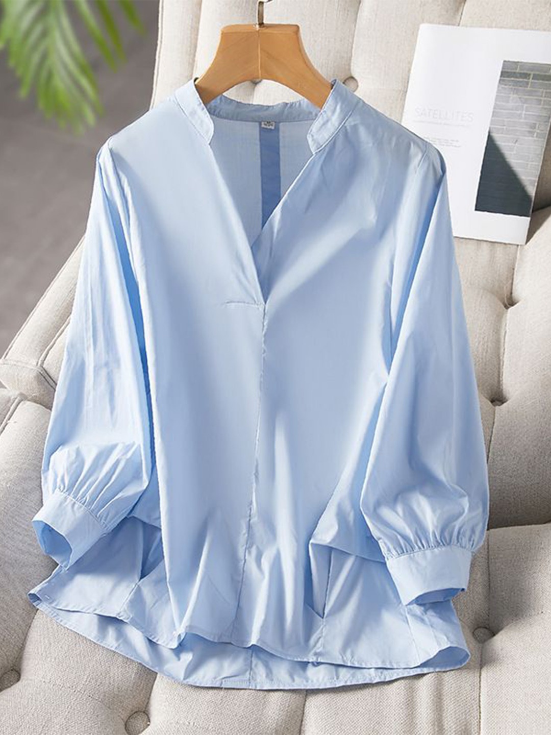 

StyleCast Women Solid Mandarin Collar Cotton Relaxed Fit Casual Shirt, Blue