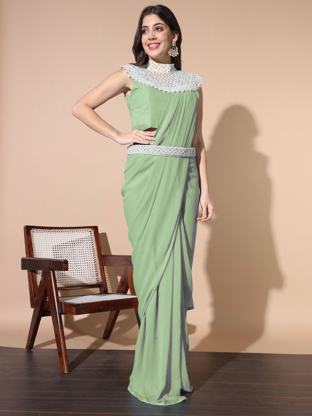 

Chhabra 555 Belted Saree With Stitched Blouse, Sea green