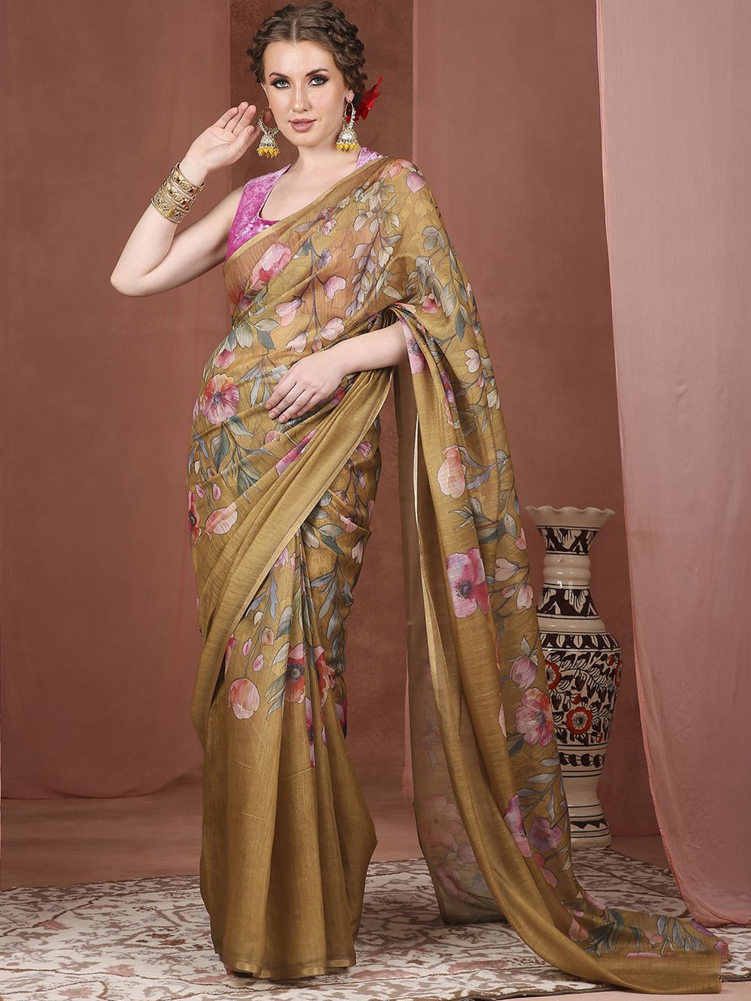 

JUST FASHION Floral Printed Zari Banarasi Saree, Mustard