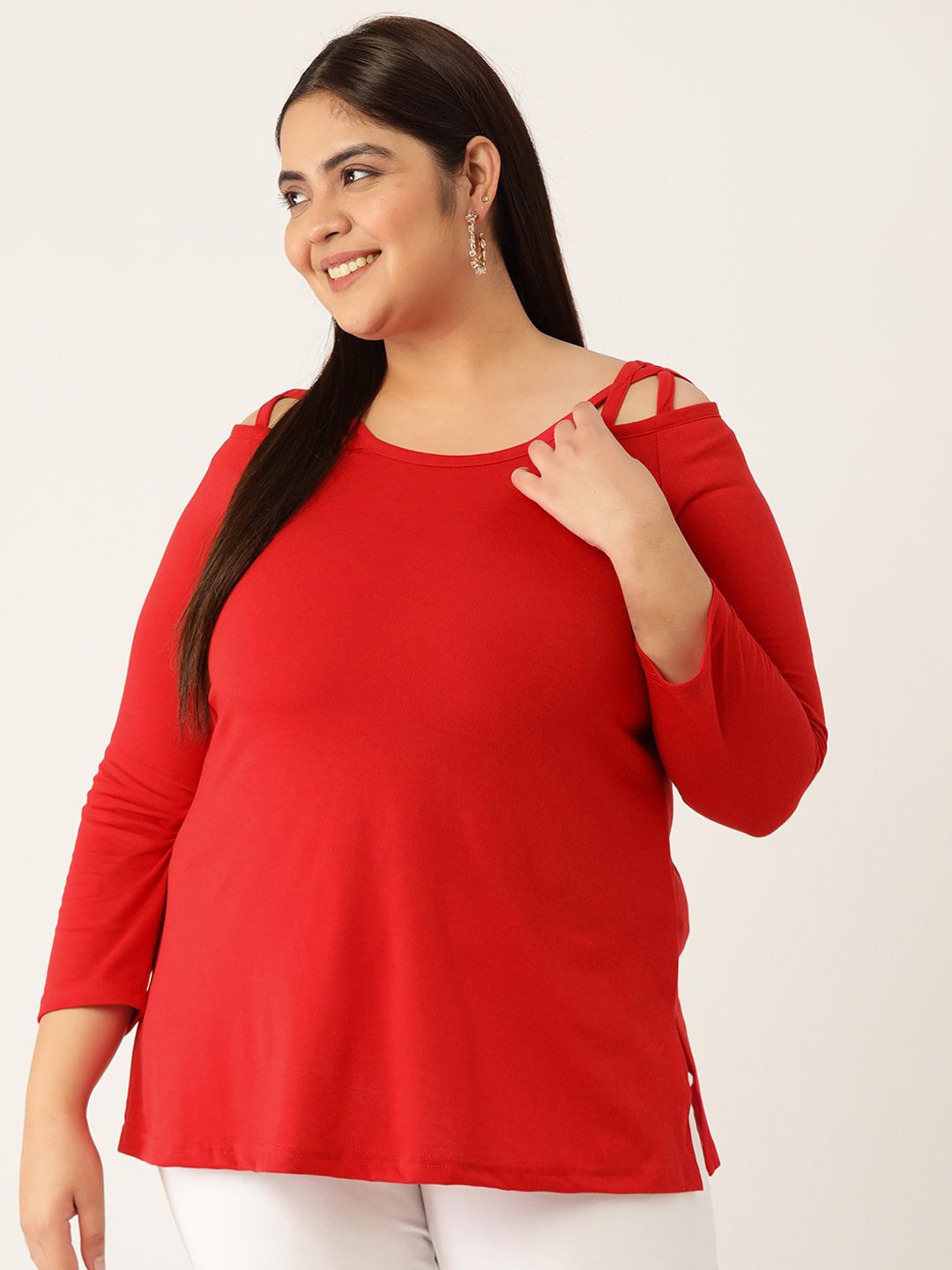 

theRebelinme Women Round Neck Pure Cotton Plus Size A-Line Top, Red