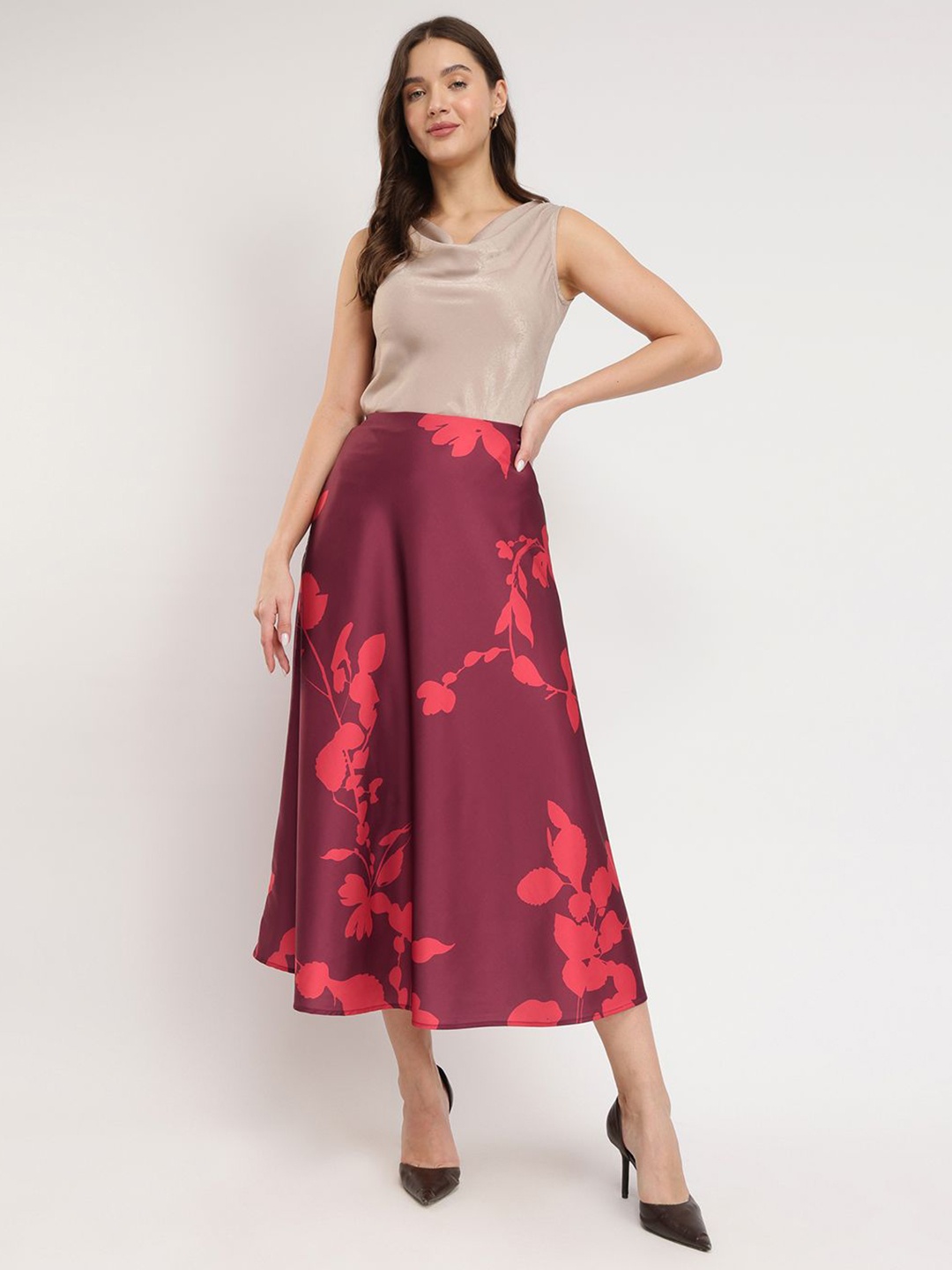 

FableStreet Printed Satin A-Line Stretchable Skirt, Maroon