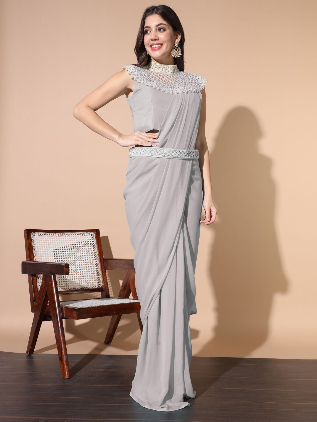 

Chhabra 555 Women Beads and Stones Belted Sarees, Grey
