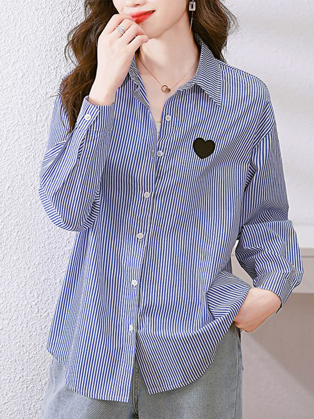 

StyleCast Women Relaxed Fit Spread Collar Vertical Striped Cotton Casual Shirt, Blue