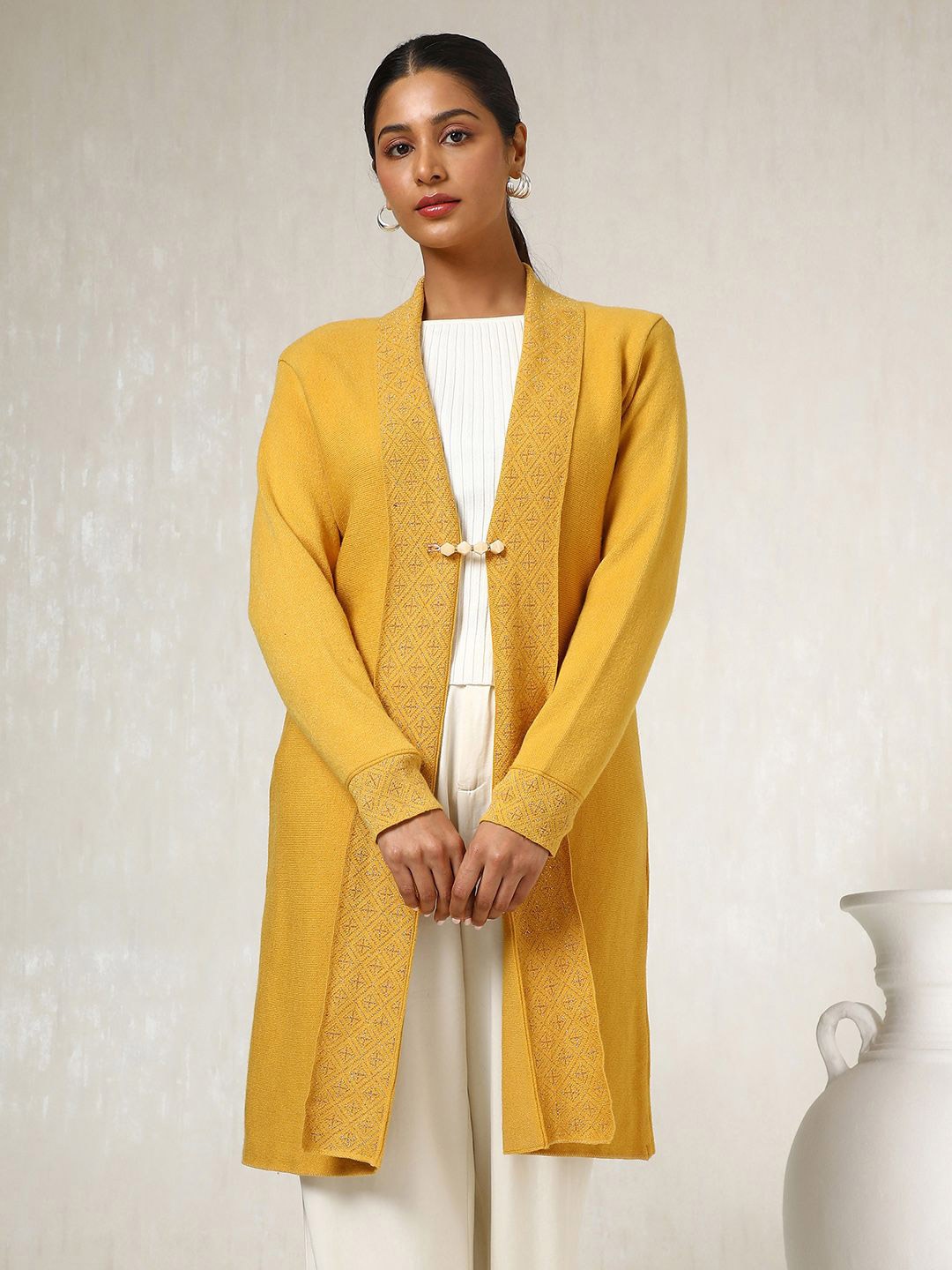 

Soch Self Design Longline Acrylic Open Front Shrug, Mustard