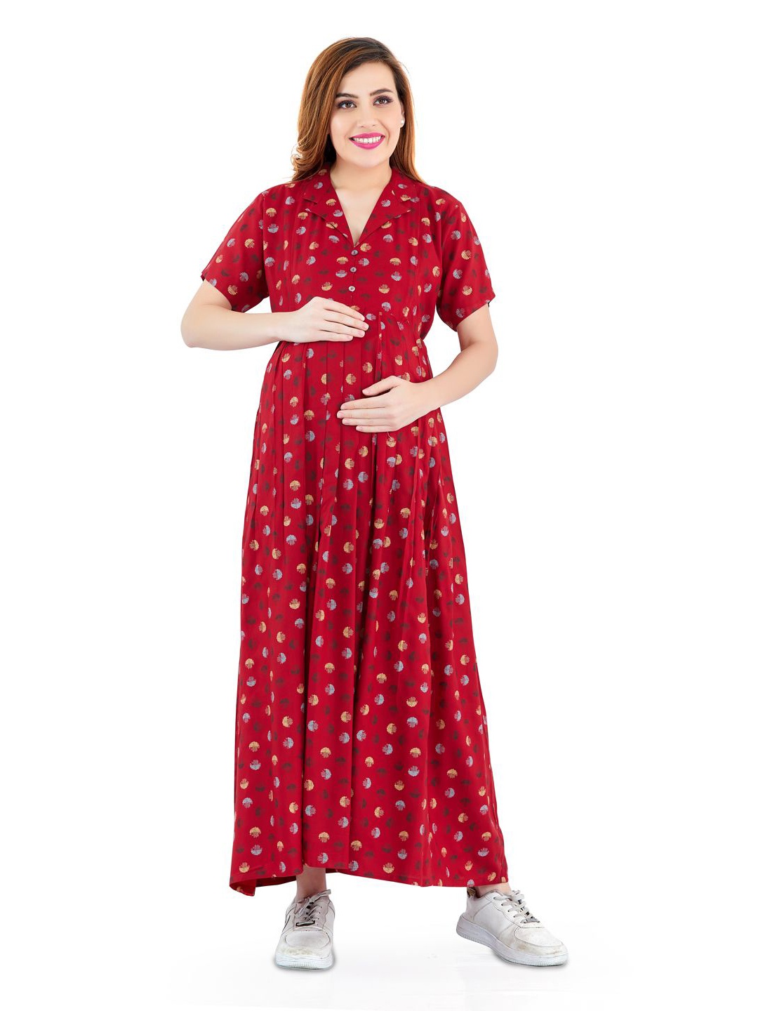 

LOVELY MOM'S Women Printed Maternity Maxi Dress, Red