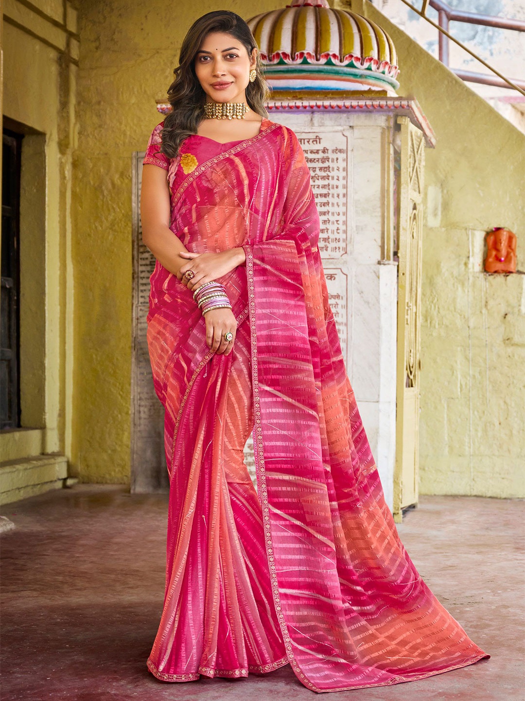 

Laxmipati Striped Poly Chiffon Saree, Pink