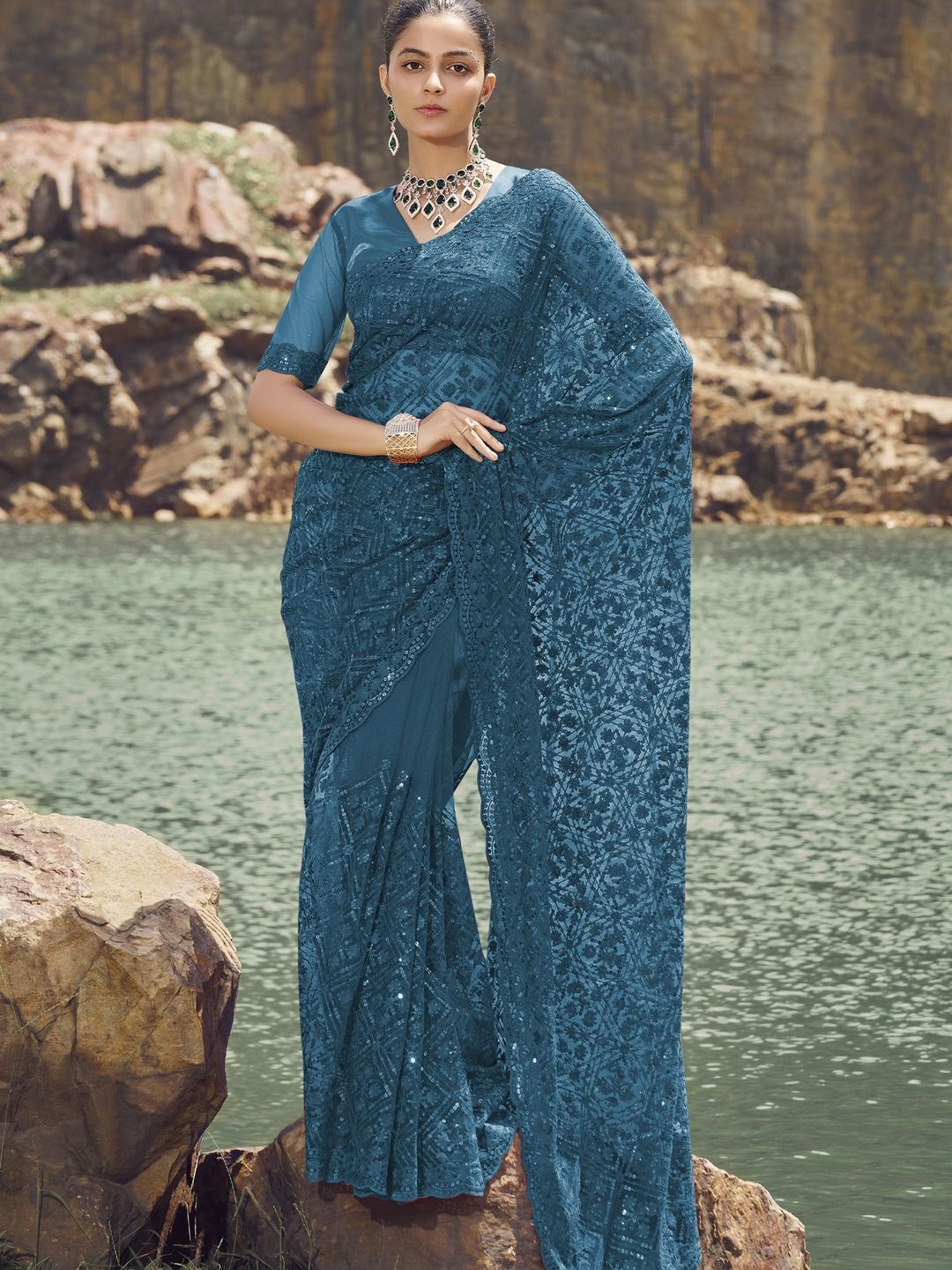 

Suha Embellished Sequinned Saree, Blue