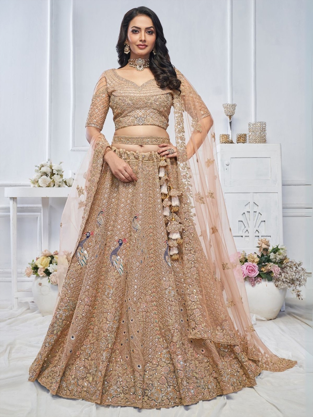 

ODETTE Embroidered Sequinned Net Semi-Stitched Lehenga & Unstitched Blouse With Dupatta, Brown