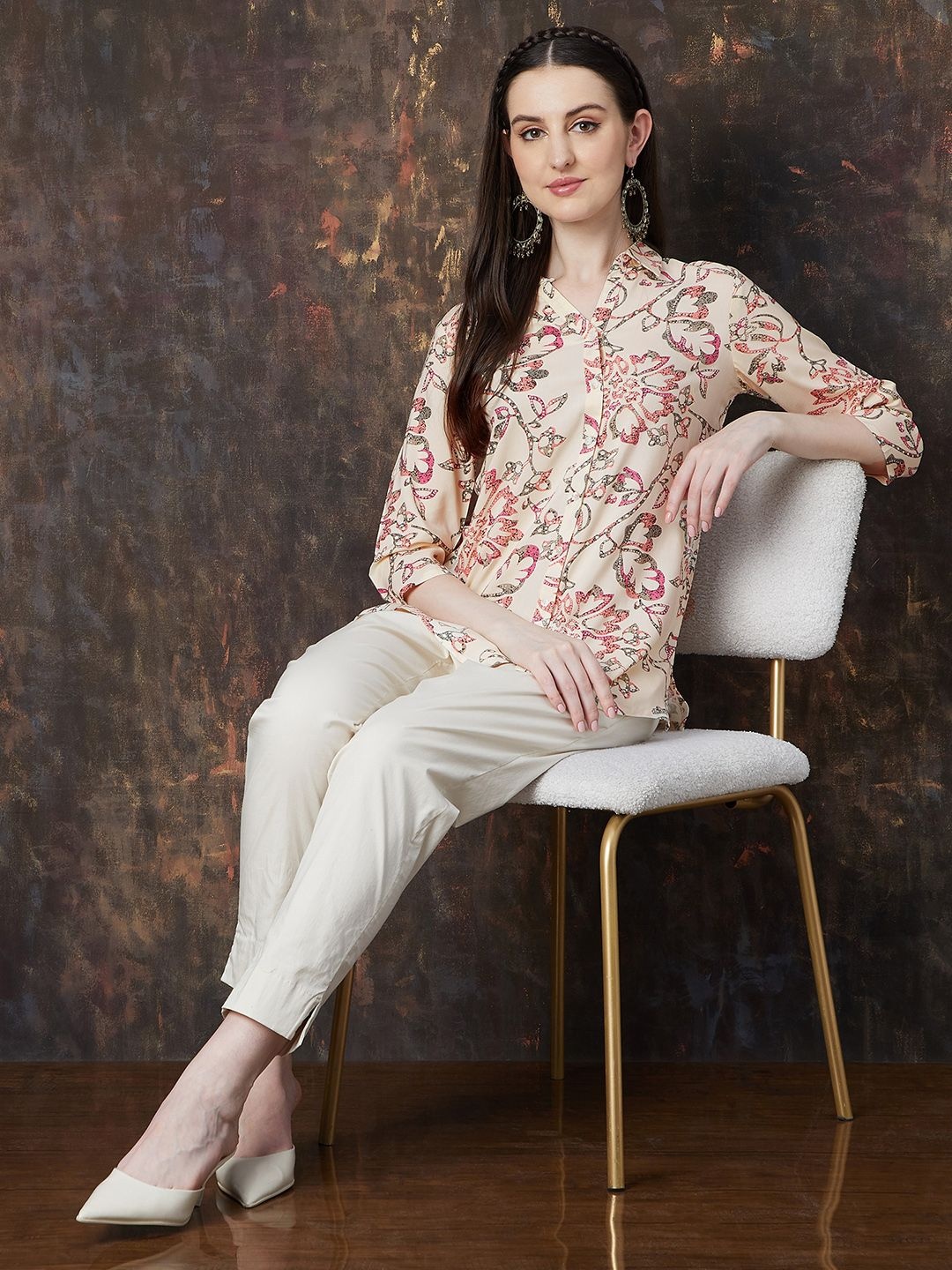 

Melange by Lifestyle Floral Printed Shirt Collar Kurti, Off white