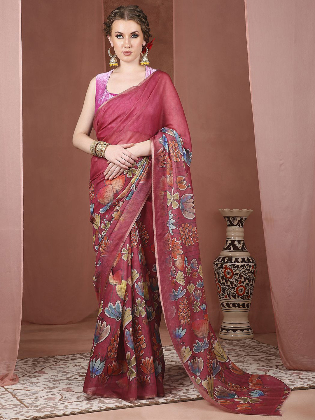 

JUST FASHION Floral Silk Cotton Banarasi Saree, Pink