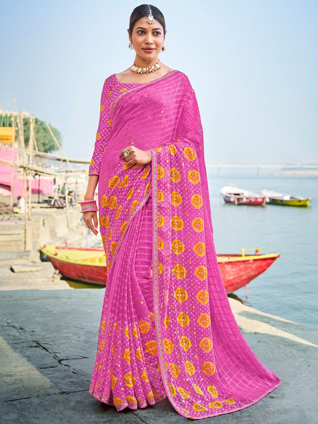 

Laxmipati Bandhani Poly Chiffon Saree, Pink