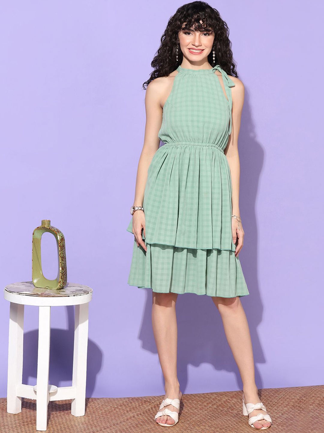 

BAESD Checked Tie-Up Halter Neck Fit & Flare Dress, Green
