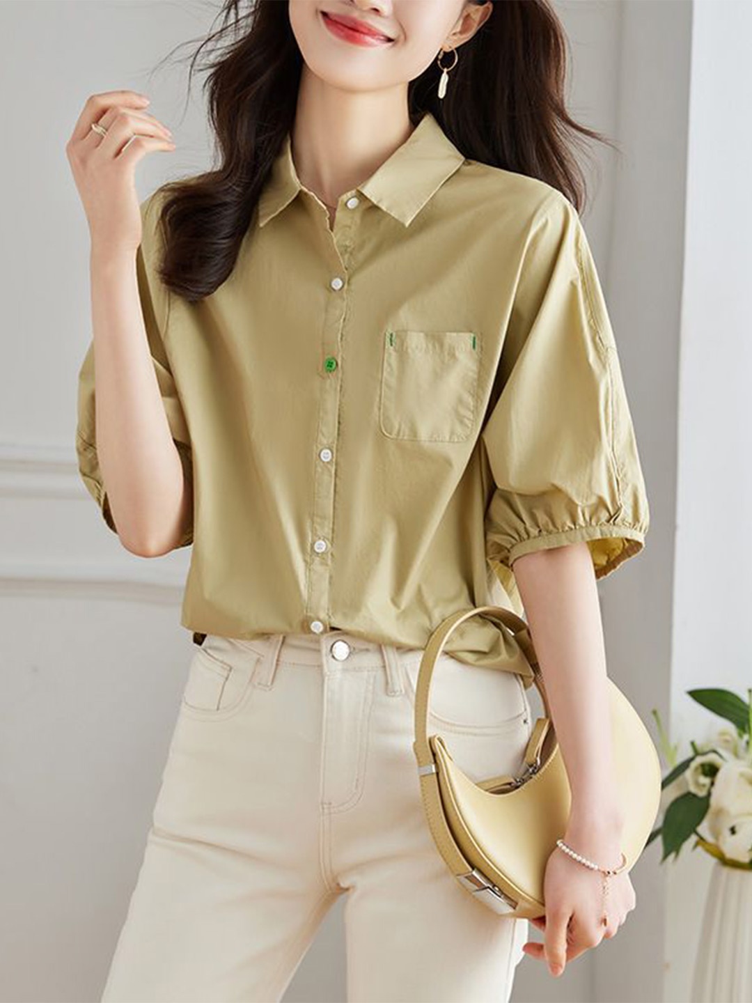 

StyleCast Women Spread Collar Solid Cotton Casual Shirt, Beige