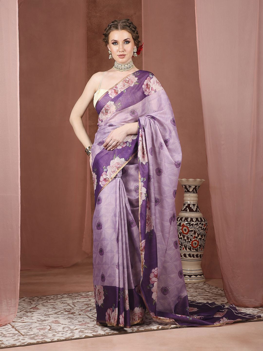 

JUST FASHION Floral Printed Zari Saree, Purple