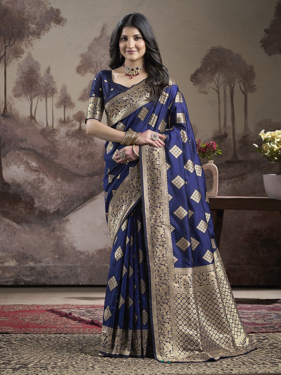 

Manu Designer Zari Silk Blend Banarasi Saree, Navy blue