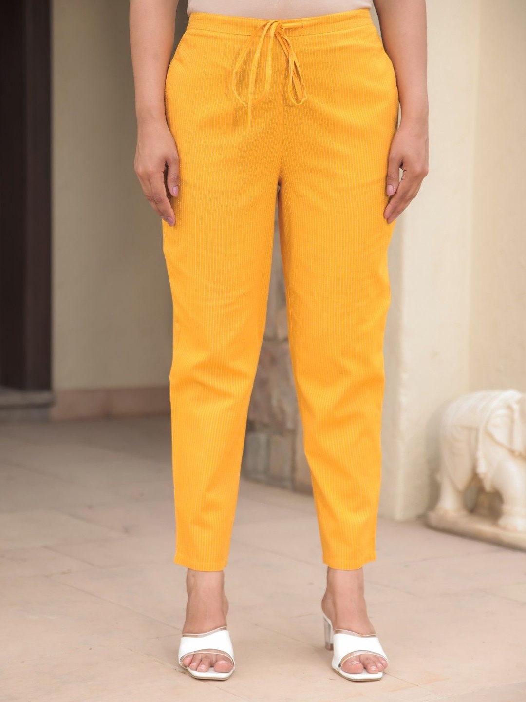 

Aramya Women Striped Pure Cotton Cigarette Trousers, Yellow