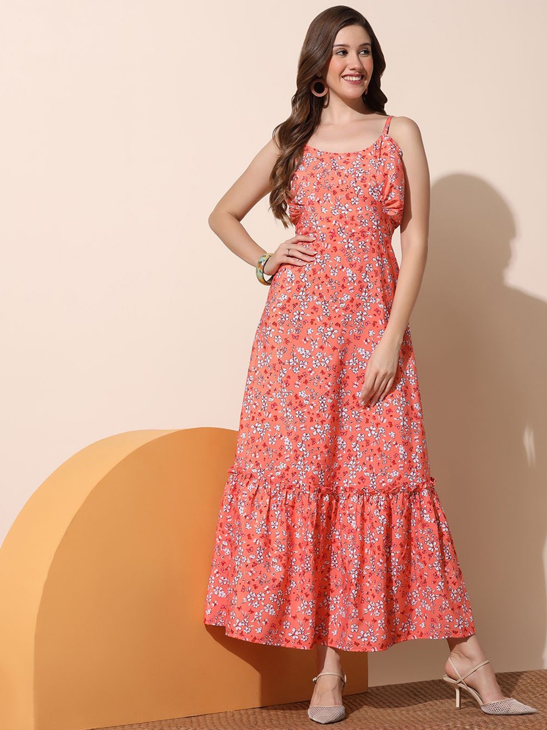 

BAESD Women Floral Printed Cotton Fit & Flare Maxi Dress, Orange