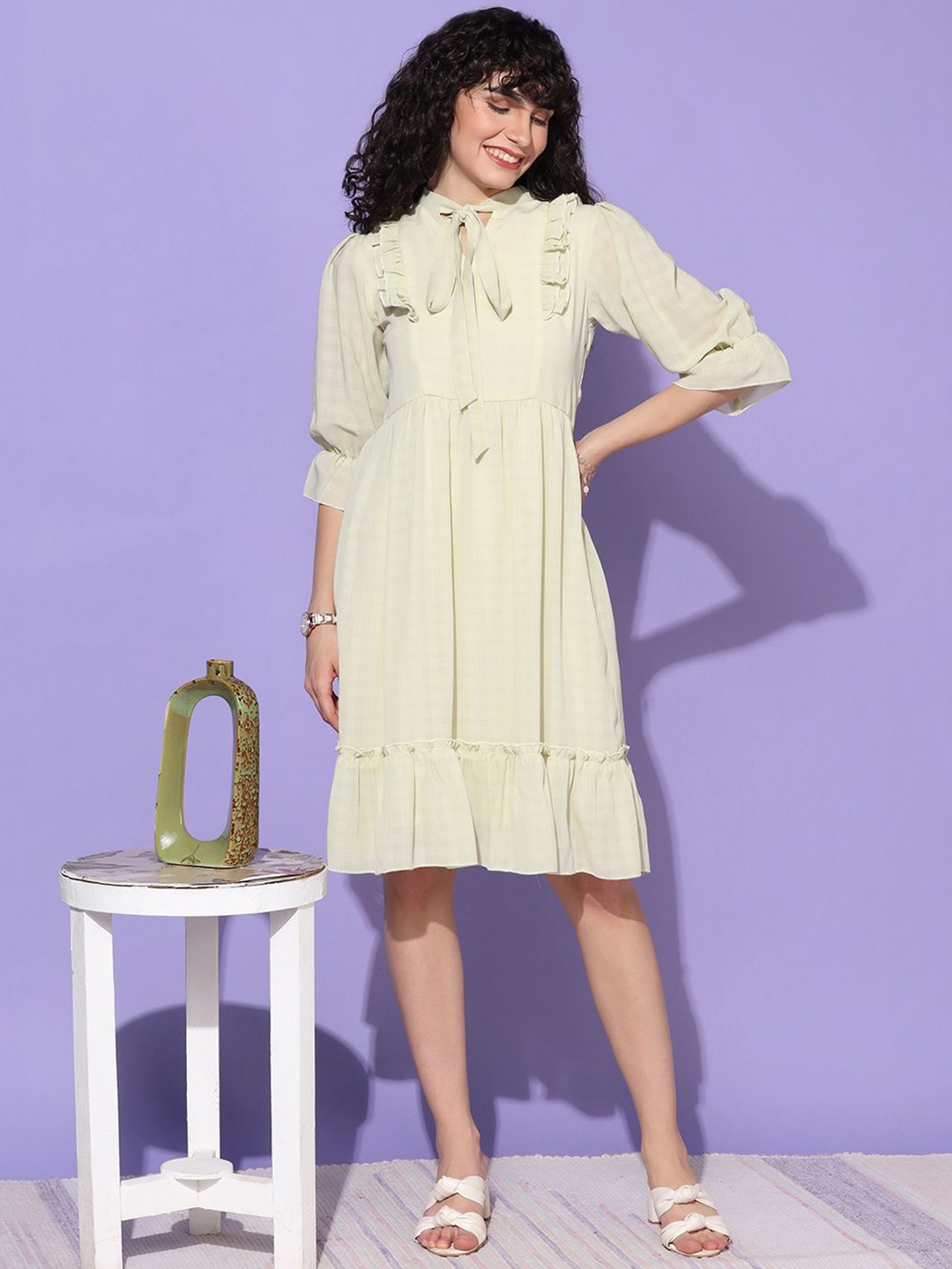 

BAESD Women Tie-Up Neck A-Line Dress, Green
