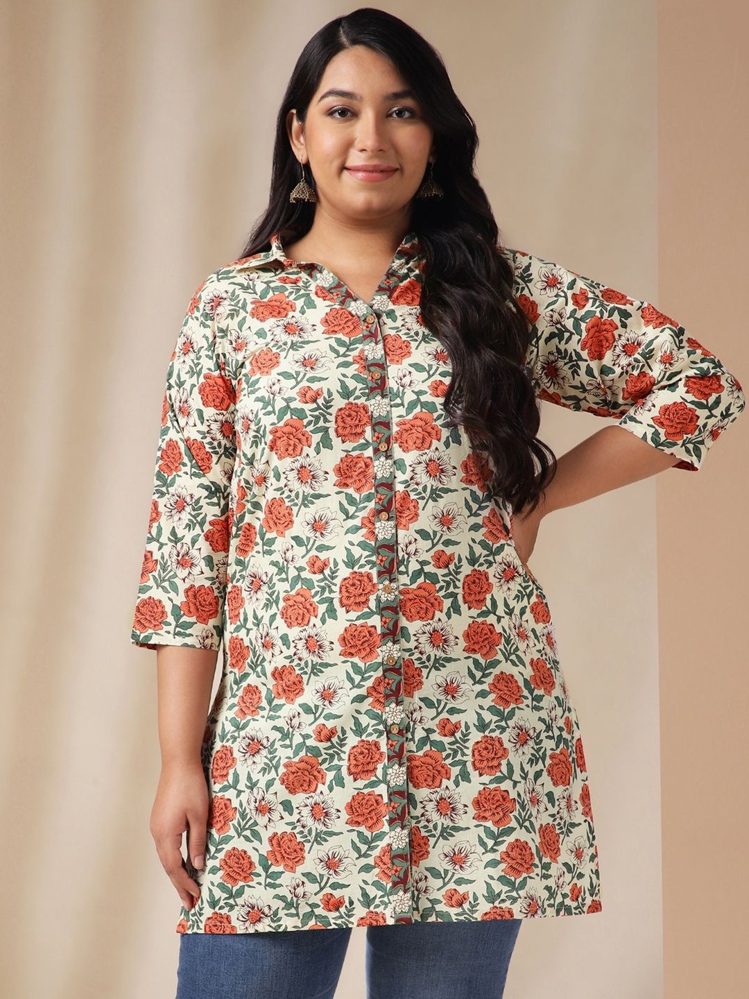 

KALINI Shirt Collar Printed Tunic, Cream