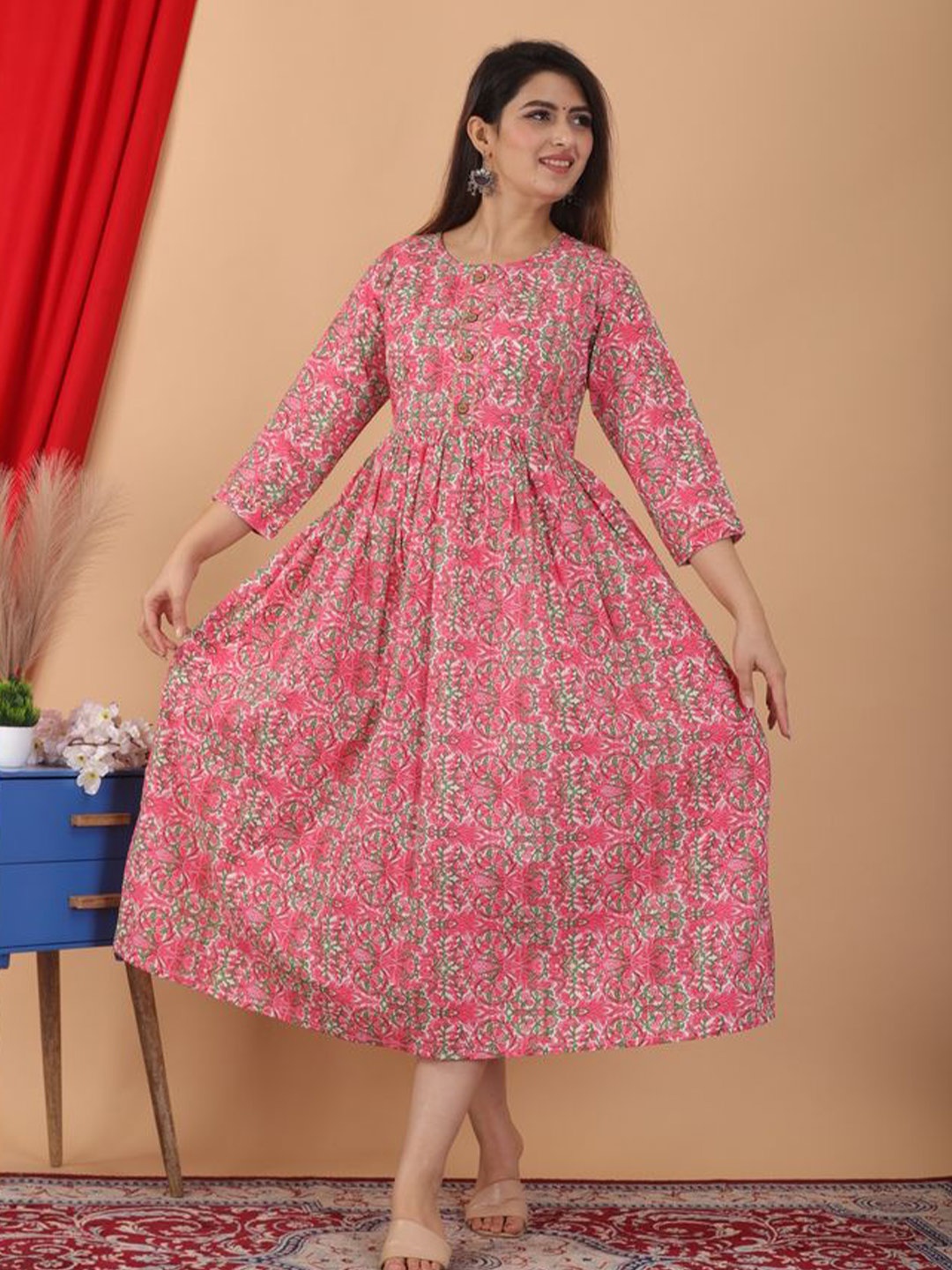 

Loyster Printed A-Line Midi Dress, Pink