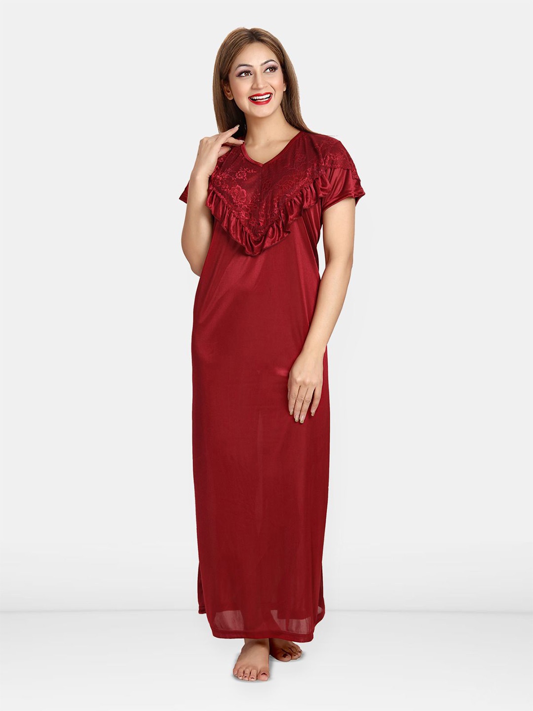 

Be You Women V-Neck Maxi Nightdress, Maroon