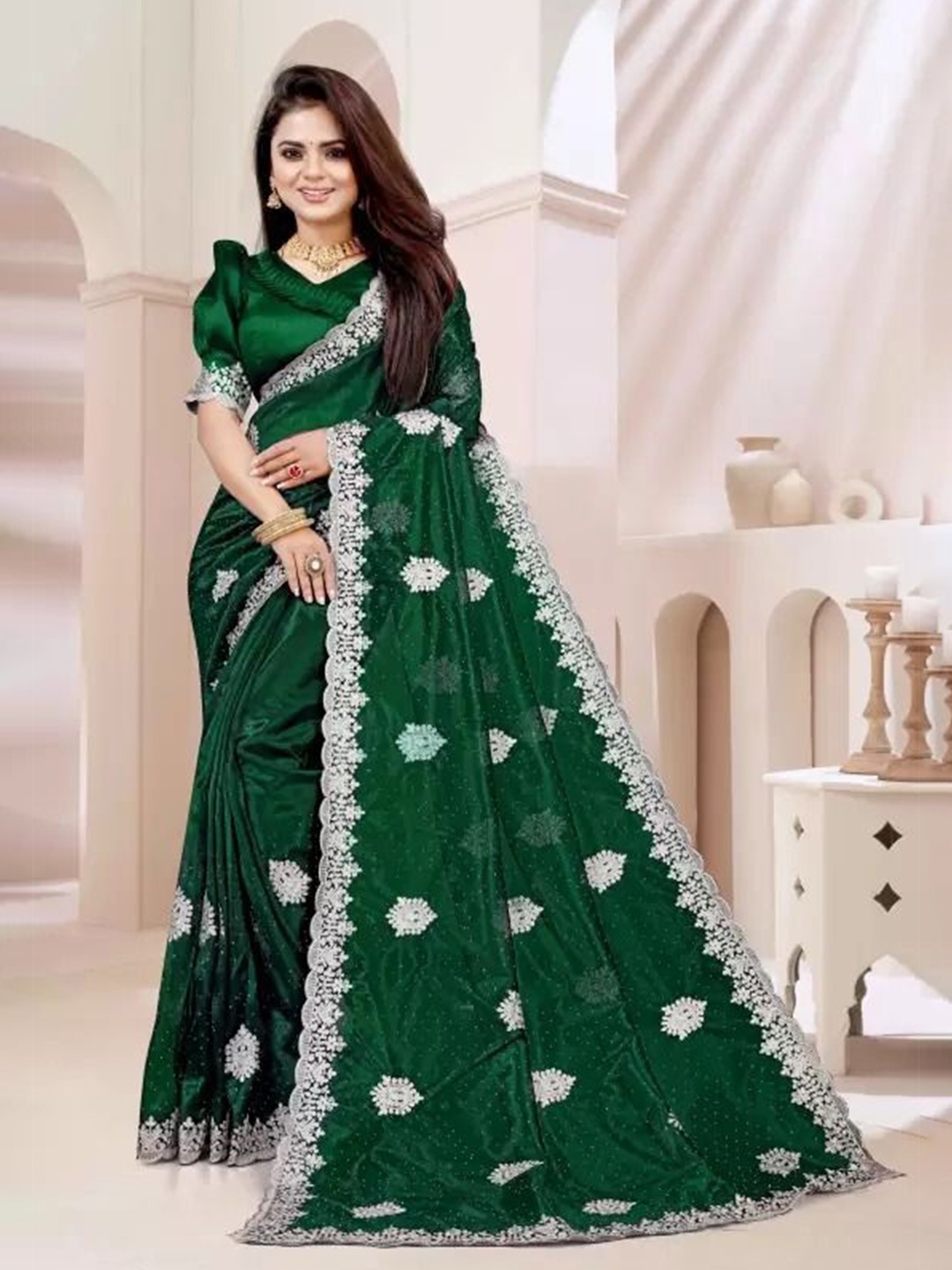 

KALINI Embellished Net Saree, Green