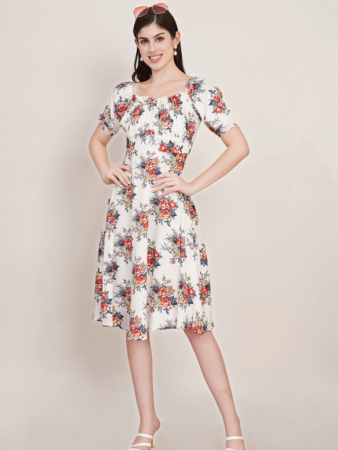 

Moda Rapido Floral Print Puff Sleeve Crepe A-Line Midi Dress, Off white