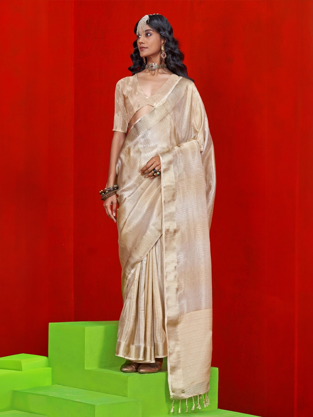 

PEENGAX Striped Zari Tissue Chanderi Saree, Cream