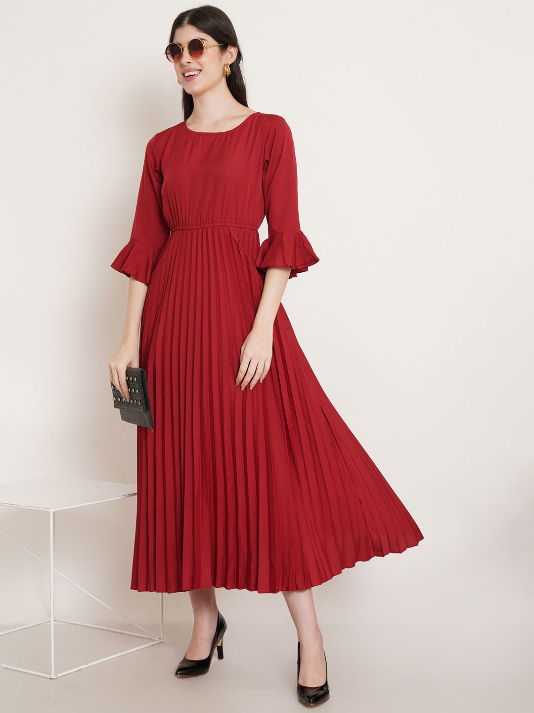 

Moda Rapido Striped Bell Sleeve Crepe Fit & Flare Midi Dress, Maroon