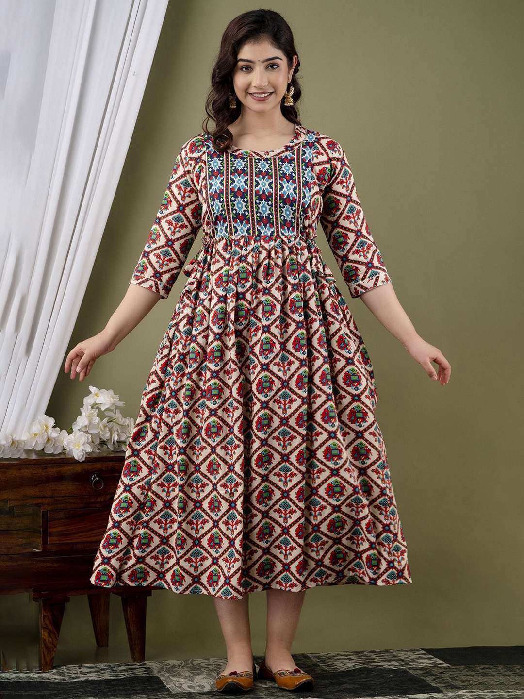 

FEMARY Women Ethnic Motifs Printed Maternity Cotton Fit and Flare Midi Dress, Beige
