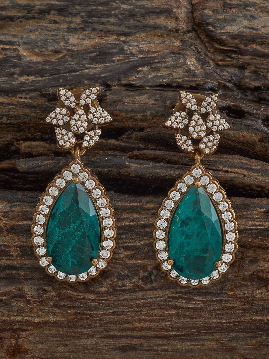 

Kushal's Fashion Jewellery Victorian-Plated Zircon Studded Teardrop Shaped Drop Earrings, Green