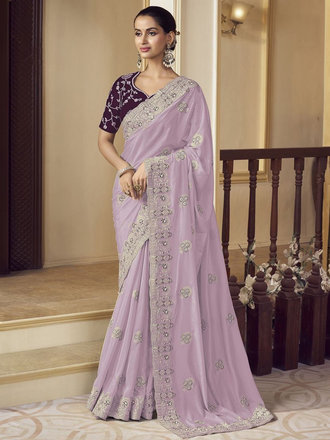 

Suha Embellished Embroidered Pure Crepe Saree, Purple