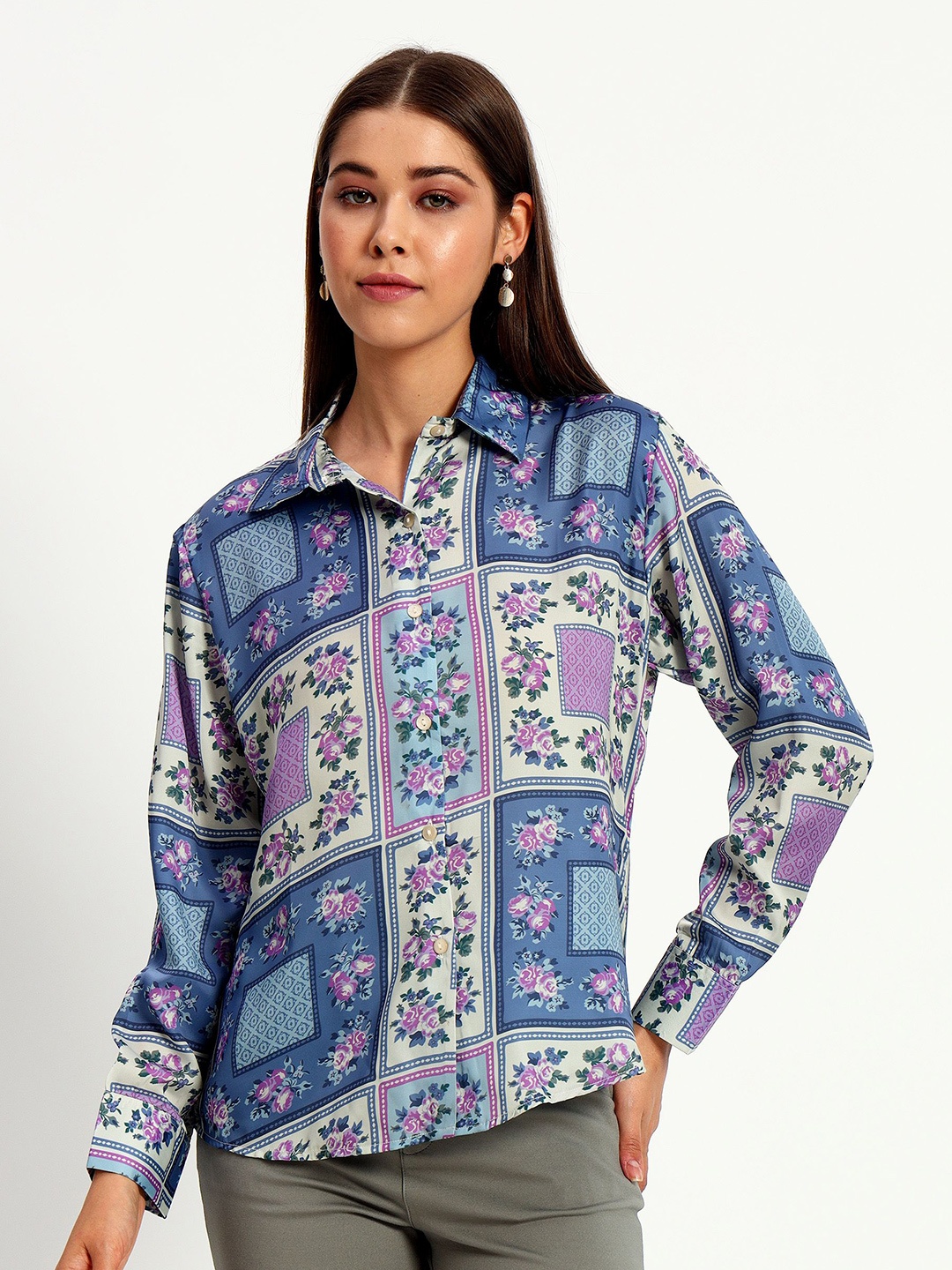 

Peikh Women Classic Opaque Printed Casual Shirt, Blue