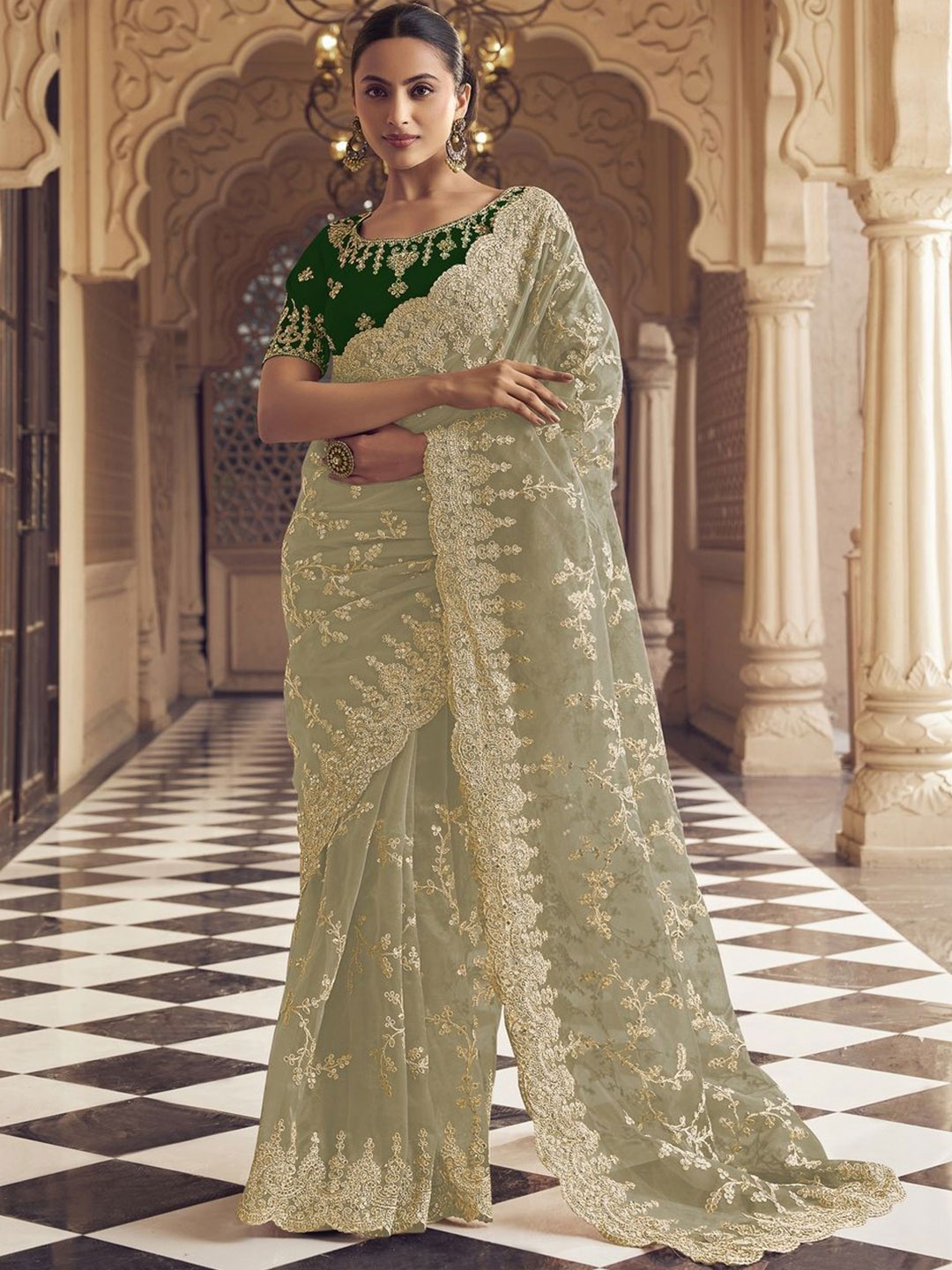 

Suha Embroidered Mirror Work Saree, Green