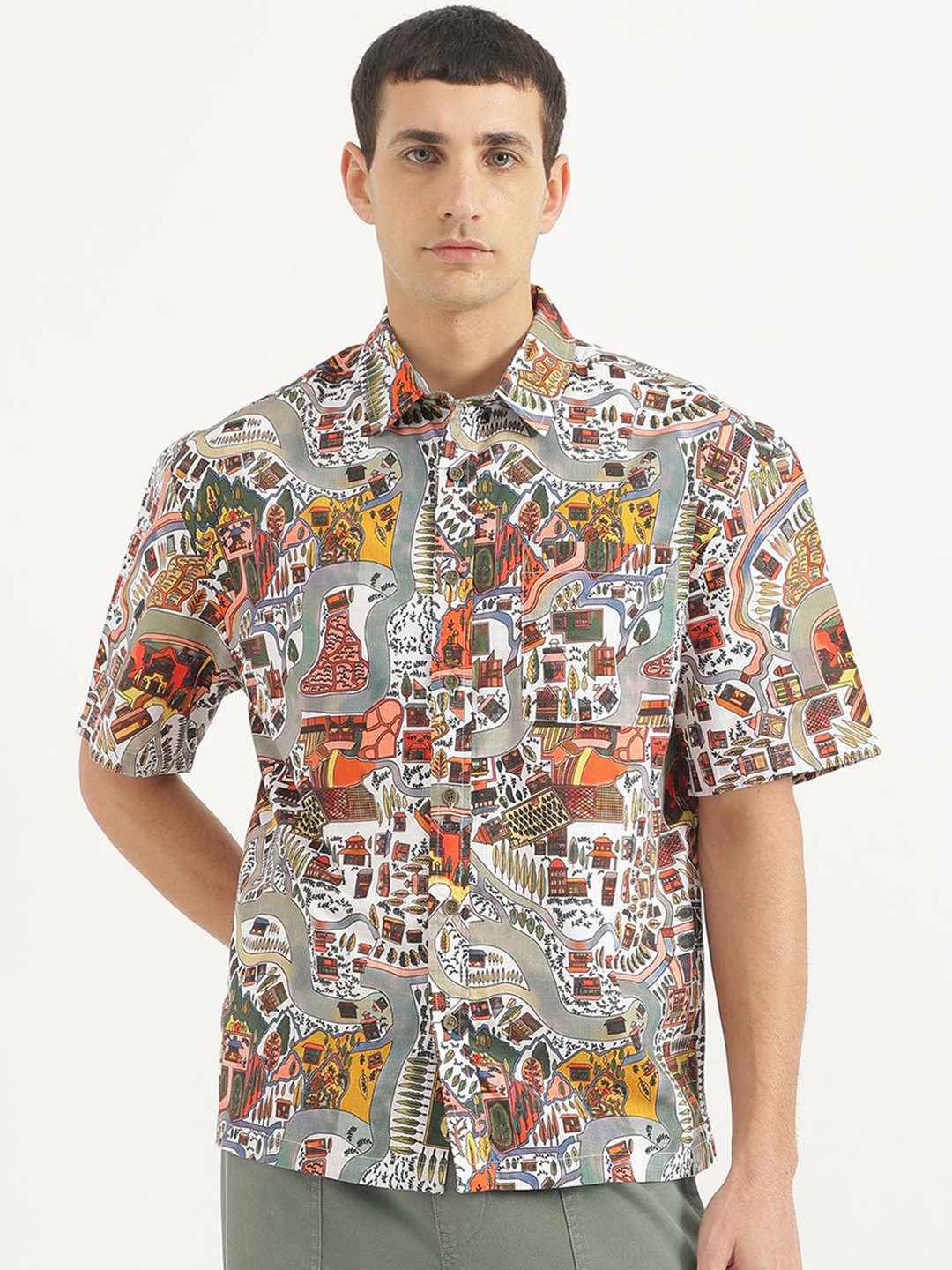 

United Colors of Benetton Men Spread Collar Abstract Printed Cotton Casual Shirt, Grey