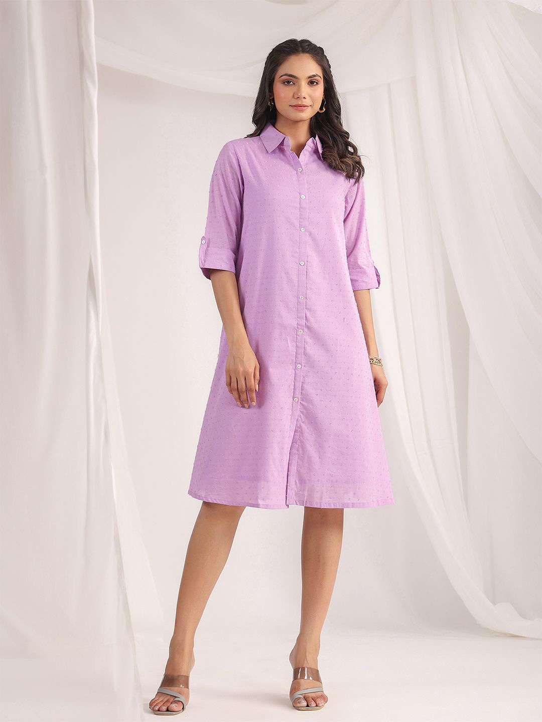 

KALINI Women Pure Dobby Cotton Woven Design A-Line Dress, Lavender