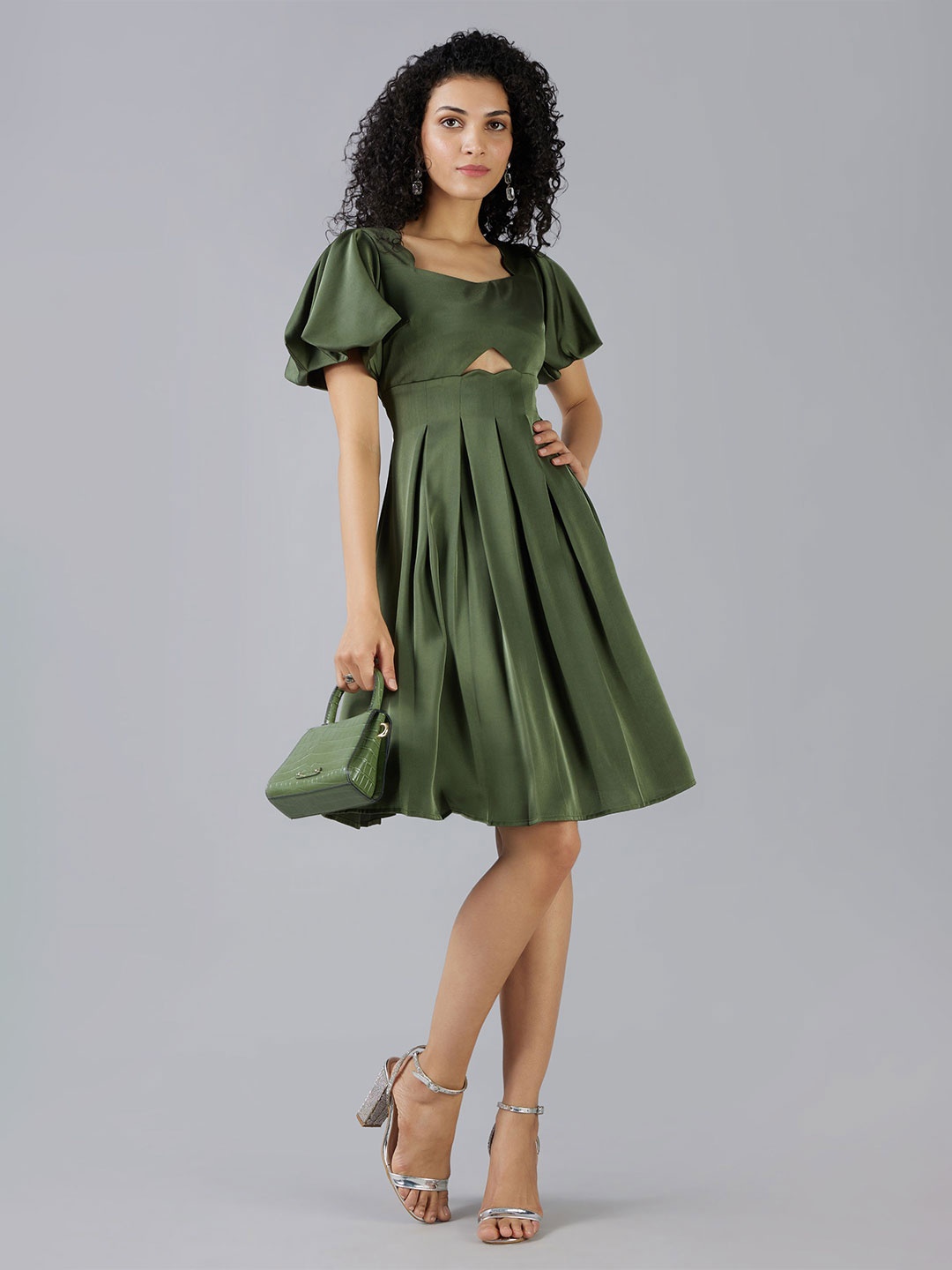 

MISH X Women Puff Sleeve Fit & Flare Dress, Green