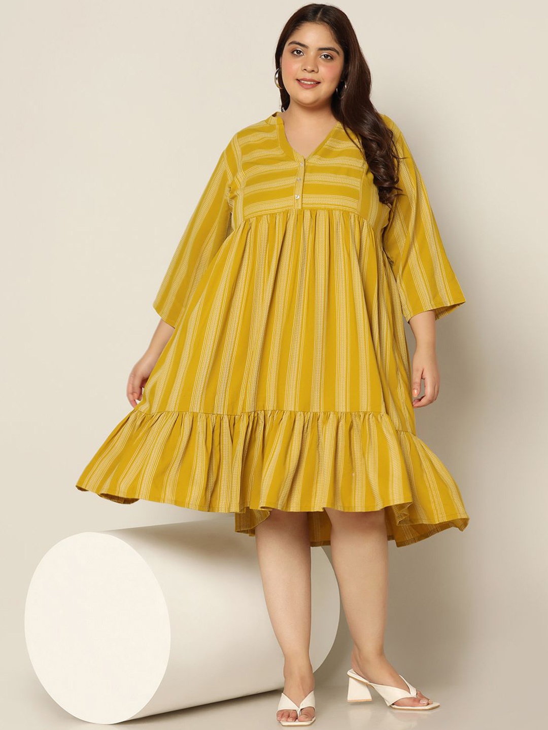 

BAESD Women Printed Drop-Waist Midi Plus Size Dress, Mustard