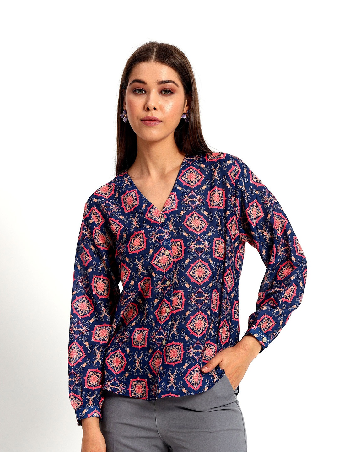 

Peikh Women Classic Opaque Printed Casual Shirt, Navy blue