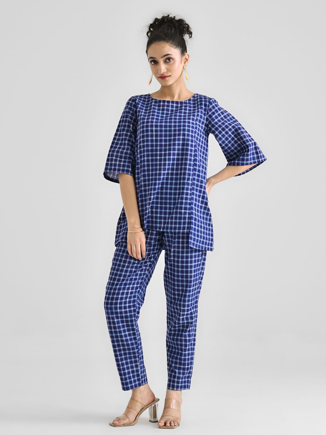 

Rustorange Blue & White Checked Pure Cotton Top With Trouser Co-Ords With Slit Detail