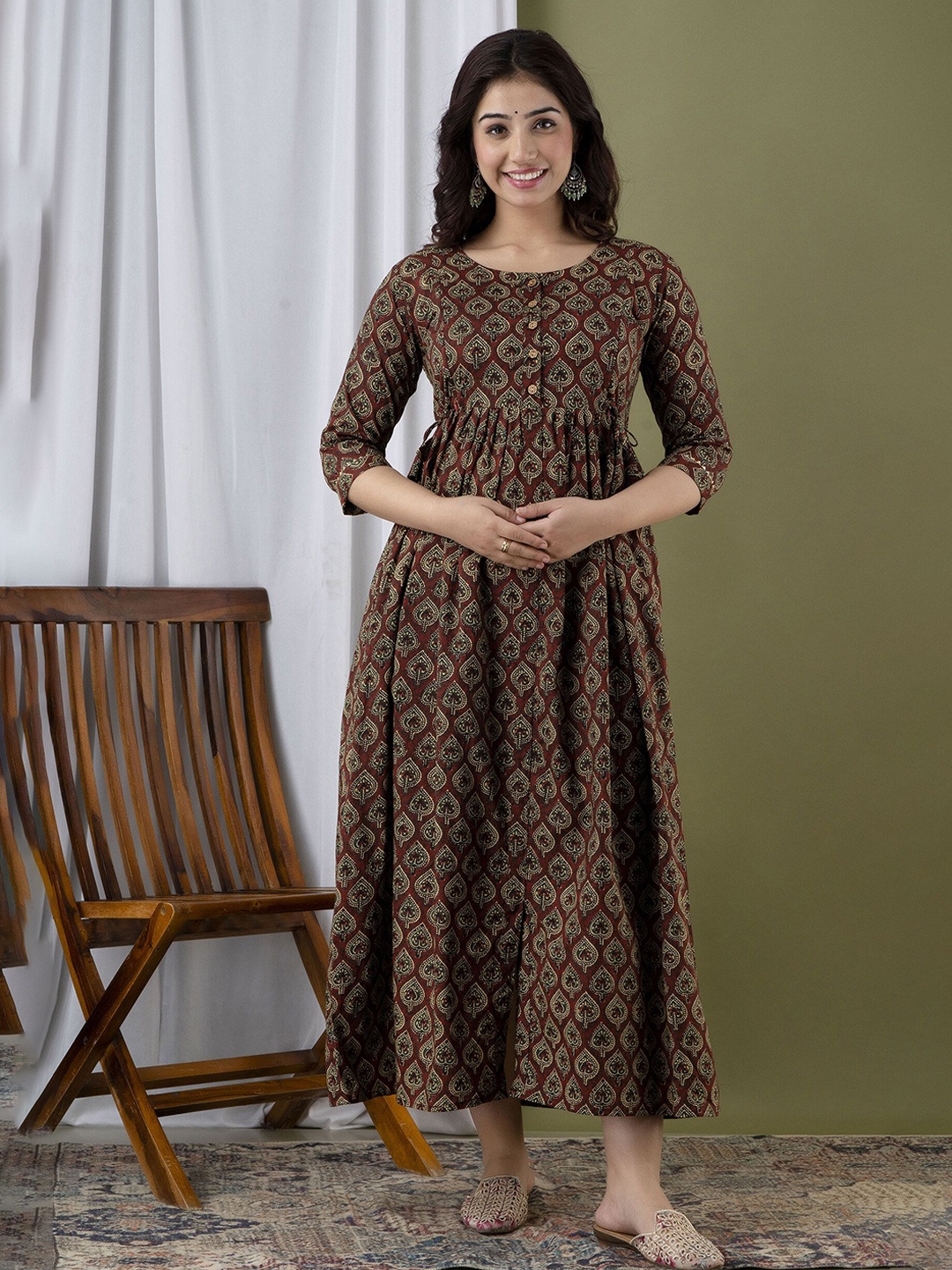 

FEMARY Women Ethnic Motifs Printed Maternity Cotton Fit & Flare Midi Dress, Brown