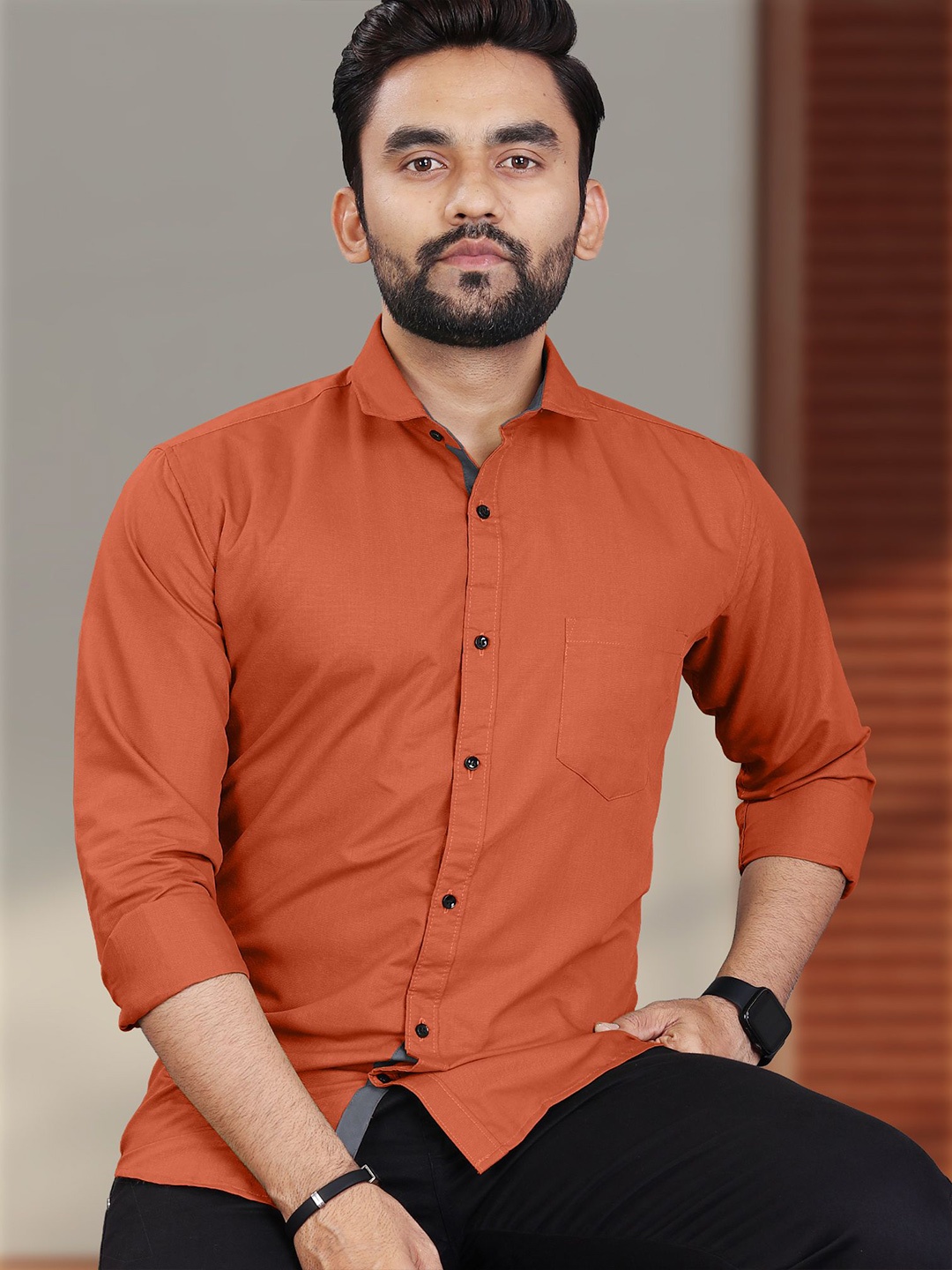 

VeBNoR Men Standard Fit Solid Spread Collar Shirt, Orange